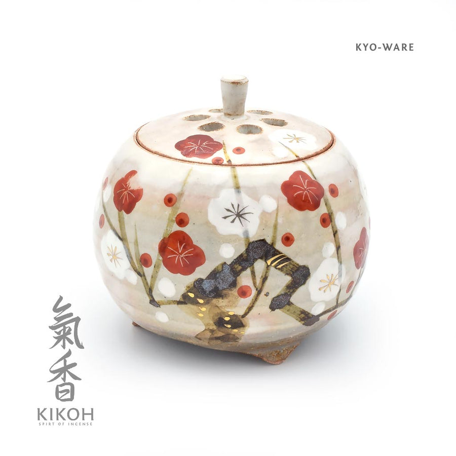 Kenzan Red & White Plum Kyo-Ware Koro
